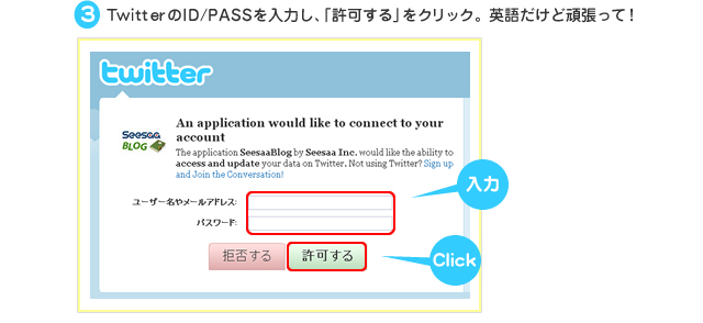 ３：ツイッターのID/PASSを入力し、「許可する」をクリック。英語だけど頑張って！