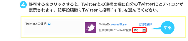 ４：許可するをクリックすると、ツイッターとの連携の欄に自分のツイッターIDとアイコンが表示されます。記事投稿時にツイッターに投稿「する」を選んでください。