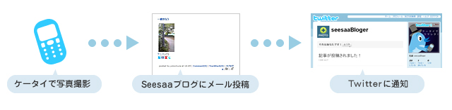 ケータイで写真撮影 -> シーサーブログにメール投稿 -> ツイッターに通知