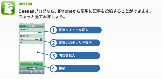 Seesaa:Seesaaブログなら、iPhoneから簡単に記事を投稿することができます。ちょっと見てみましょう。